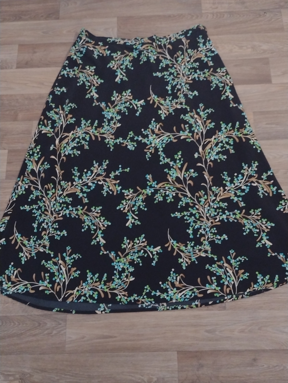 Black Floral A-Line Skirt with Green and Tan Branch Print